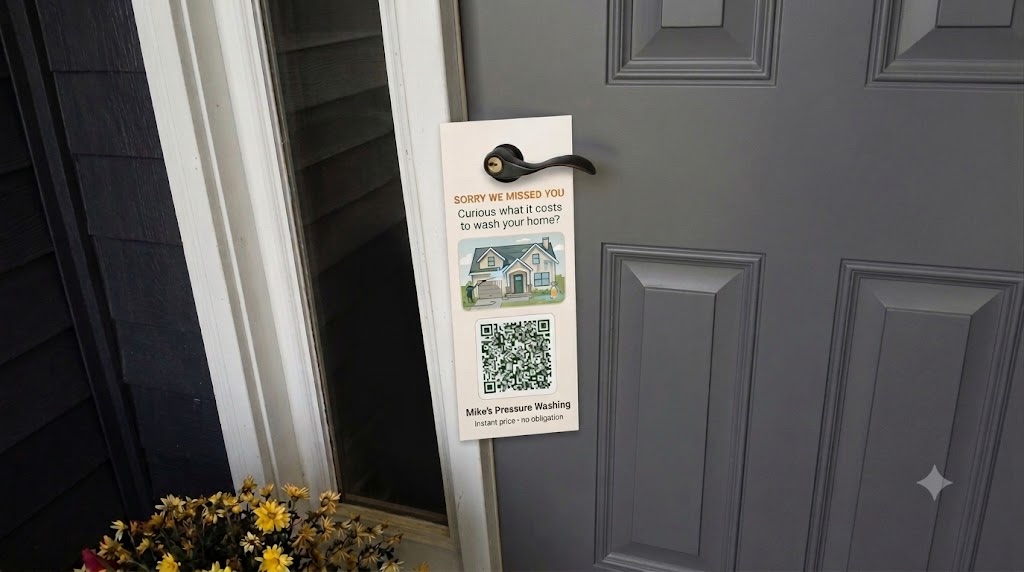 Door hanger with a scannable QR code — 'Curious what it costs to wash your home?'